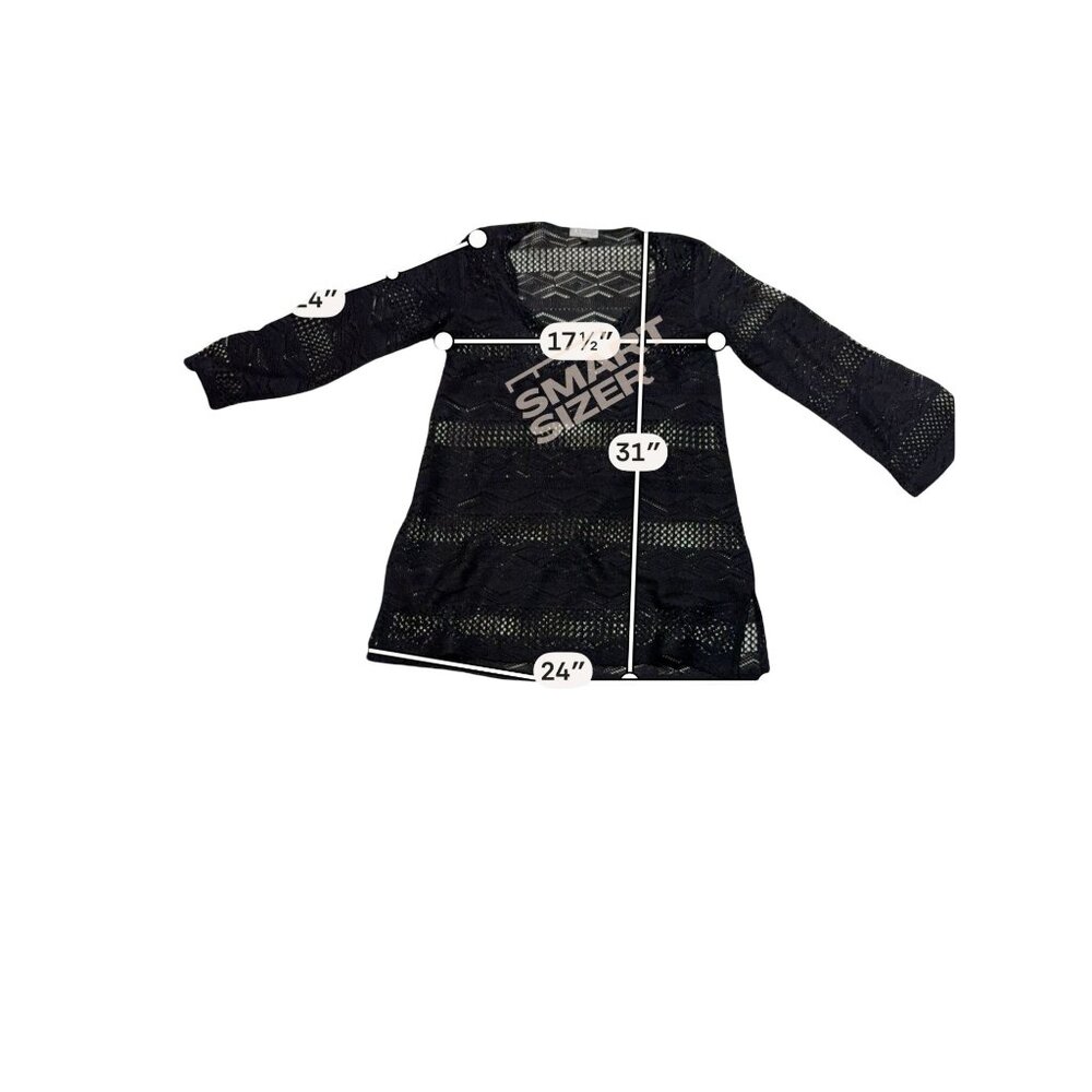 Black Lace Knit Tunic Top With 3/4 Sleeves & Sheer Detailing - 31” Length